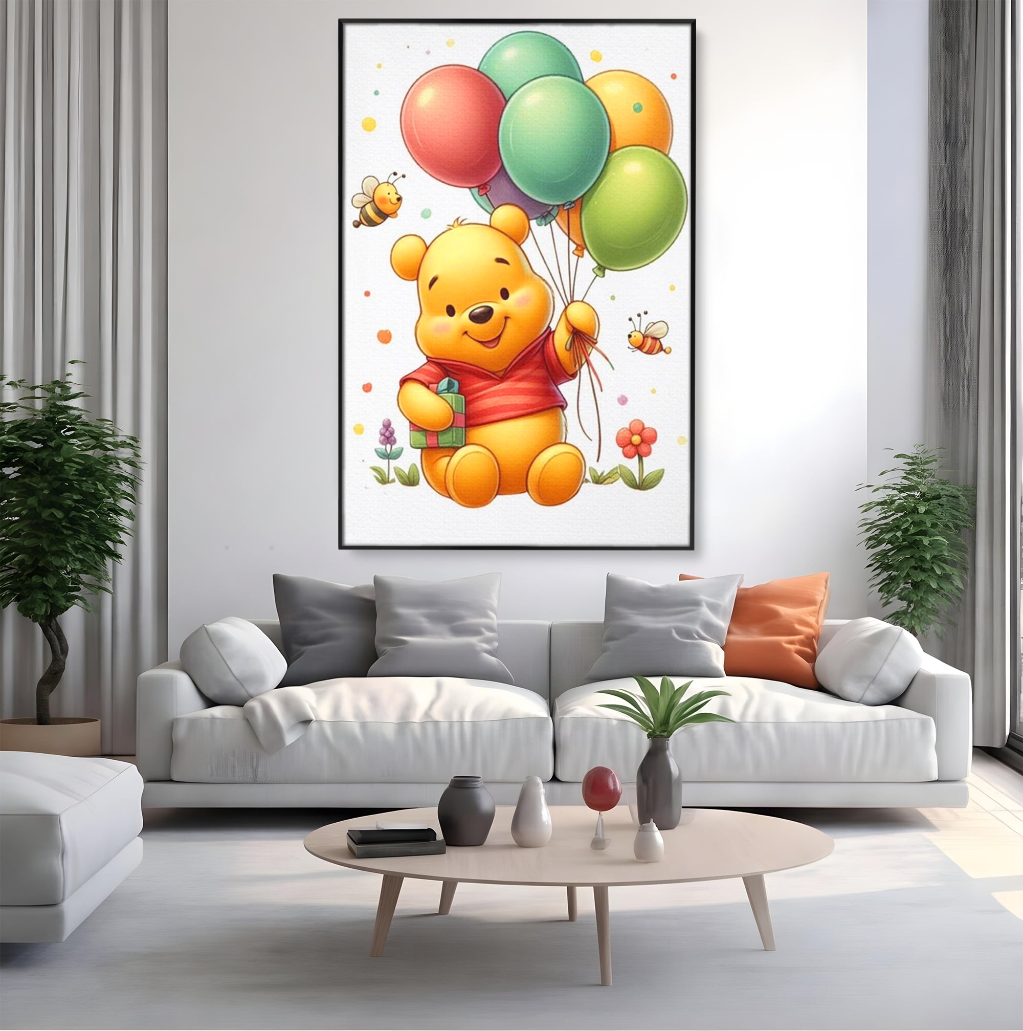 Tablou canvas cu tablou canvas cu winnie the pooh, in rama de aluminiu negru, pe perete intr-un living